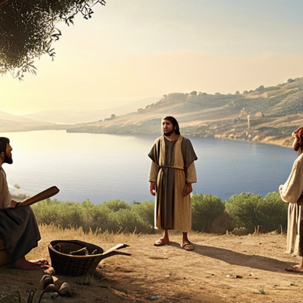 **

Prompt: "Early Christians in Galilee. A humble carpenter, Jesus, surrounded by his first followers, fishermen and farmers, listening to his teachings. Simple clothing, a rural landscape, soft, early morning light. Depict the scene as a historical painting."

**