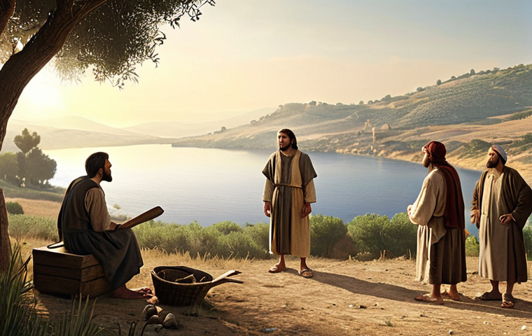 **

Prompt: "Early Christians in Galilee. A humble carpenter, Jesus, surrounded by his first followers, fishermen and farmers, listening to his teachings. Simple clothing, a rural landscape, soft, early morning light. Depict the scene as a historical painting."

**