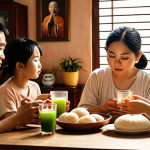 **

A Vietnamese family gathered around a table in their home, sharing bánh mì and grape juice. They are praying with eyes closed, bathed in soft, warm light. The scene should evoke feelings of peace, gratitude, and familial love. Focus on the expressions of devotion and connection between family members.

**
