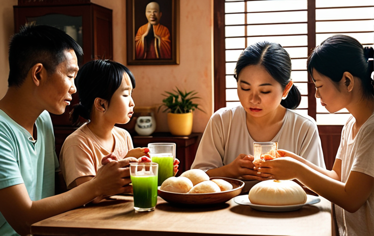 **
A Vietnamese family gathered around a table in their home, sharing bánh mì and grape juice. They are praying with eyes closed, bathed in soft, warm light. The scene should evoke feelings of peace, gratitude, and familial love. Focus on the expressions of devotion and connection between family members.
**