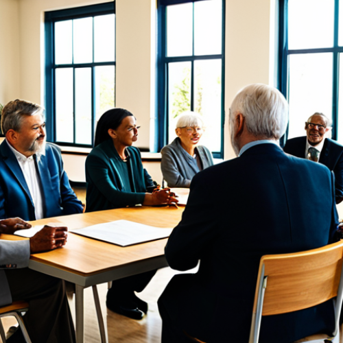 A diverse group of adults, representing different Christian denominations, respectfully engaging in a collaborative discussion in a sunlit, modern community hall. Each individual is fully clothed in modest, professional attire, showcasing a range of ages and backgrounds. The setting is clean and welcoming, with subtle decorative elements that evoke a sense of global community. Emphasize perfect anatomy, correct proportions, and natural poses with well-formed hands. The lighting is soft and inviting, creating a professional and harmonious atmosphere. This image is safe for work, appropriate content, fully clothed, and professional, depicting high-quality photography.