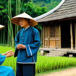 A professional image depicting a Christian missionary in 17th-century rural Vietnam, fully clothed in modest traditional Vietnamese attire, including a conical hat (nón lá). The missionary is respectfully engaging with a small group of local villagers, who are also in appropriate modest traditional clothing. They are gathered in front of a traditional Vietnamese wooden house, with lush green rice paddies and bamboo trees in the background. The atmosphere is calm and respectful, emphasizing cultural exchange and connection, with natural pose. The image features perfect anatomy, correct proportions, well-formed hands, proper finger count, and natural body proportions. It is safe for work, appropriate content, fully clothed, professional, and family-friendly, rendered in a detailed historical illustration style with soft, natural lighting.