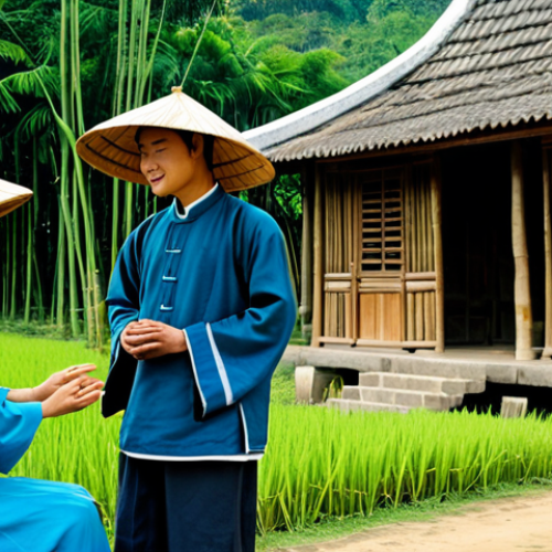 A professional image depicting a Christian missionary in 17th-century rural Vietnam, fully clothed in modest traditional Vietnamese attire, including a conical hat (nón lá). The missionary is respectfully engaging with a small group of local villagers, who are also in appropriate modest traditional clothing. They are gathered in front of a traditional Vietnamese wooden house, with lush green rice paddies and bamboo trees in the background. The atmosphere is calm and respectful, emphasizing cultural exchange and connection, with natural pose. The image features perfect anatomy, correct proportions, well-formed hands, proper finger count, and natural body proportions. It is safe for work, appropriate content, fully clothed, professional, and family-friendly, rendered in a detailed historical illustration style with soft, natural lighting.