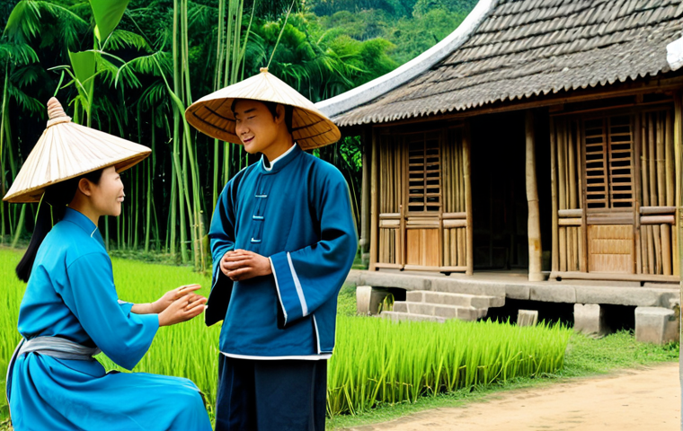 A professional image depicting a Christian missionary in 17th-century rural Vietnam, fully clothed in modest traditional Vietnamese attire, including a conical hat (nón lá). The missionary is respectfully engaging with a small group of local villagers, who are also in appropriate modest traditional clothing. They are gathered in front of a traditional Vietnamese wooden house, with lush green rice paddies and bamboo trees in the background. The atmosphere is calm and respectful, emphasizing cultural exchange and connection, with natural pose. The image features perfect anatomy, correct proportions, well-formed hands, proper finger count, and natural body proportions. It is safe for work, appropriate content, fully clothed, professional, and family-friendly, rendered in a detailed historical illustration style with soft, natural lighting.