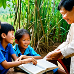 **Prompt:** A group of diverse professional aid workers, male and female, from a compassionate non-profit organization, providing assistance in a peaceful, sunlit rural Vietnamese village. One aid worker gently offers clean water to an elderly woman, while another reads a book to a small group of fully clothed children in a temporary community learning space. The scene exudes hope and community spirit. All individuals are depicted with perfect anatomy, correct proportions, and natural poses, including well-formed hands and proper finger count. The atmosphere is calm and supportive. This image is safe for work, appropriate content, fully clothed, professional, and family-friendly.