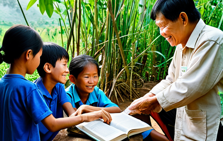 **Prompt:** A group of diverse professional aid workers, male and female, from a compassionate non-profit organization, providing assistance in a peaceful, sunlit rural Vietnamese village. One aid worker gently offers clean water to an elderly woman, while another reads a book to a small group of fully clothed children in a temporary community learning space. The scene exudes hope and community spirit. All individuals are depicted with perfect anatomy, correct proportions, and natural poses, including well-formed hands and proper finger count. The atmosphere is calm and supportive. This image is safe for work, appropriate content, fully clothed, professional, and family-friendly.