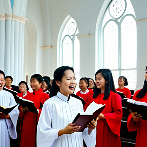 Home 30 **
A diverse choir singing hymns in a modest, well-lit church in Vietnam. Everyone is fully clothed in traditional Ao Dai or respectful church attire. Focus on the joy and community spirit of the singers. Safe for work, appropriate content, perfect anatomy, natural proportions, professional photography, family-friendly.
**