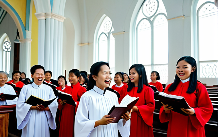 **

A diverse choir singing hymns in a modest, well-lit church in Vietnam. Everyone is fully clothed in traditional Ao Dai or respectful church attire. Focus on the joy and community spirit of the singers. Safe for work, appropriate content, perfect anatomy, natural proportions, professional photography, family-friendly.

**