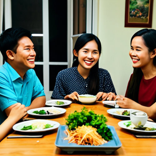 Home 28 **
"A group of Vietnamese friends, fully clothed in modest, everyday attire, gathered around a table at someone's home for a Friday evening meal, safe for work, appropriate content, professional lighting, perfect anatomy, natural proportions, family-friendly, focus on warm smiles and connection, depicting a Bible study group, realistic style."
**