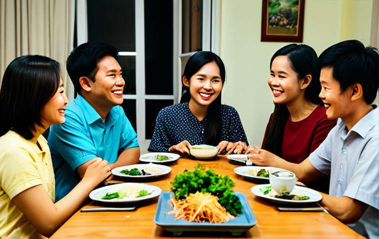 **
"A group of Vietnamese friends, fully clothed in modest, everyday attire, gathered around a table at someone's home for a Friday evening meal, safe for work, appropriate content, professional lighting, perfect anatomy, natural proportions, family-friendly, focus on warm smiles and connection, depicting a Bible study group, realistic style."
**