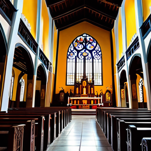 Home 27 **Prompt:** A serene ancient Hội An church interior. Intricate wooden carvings, sunlight filtering through stained glass. Depicts a feeling of peace and spirituality. Warm color palette. High detail, volumetric lighting, realistic rendering. Safe for work, appropriate content, family-friendly.