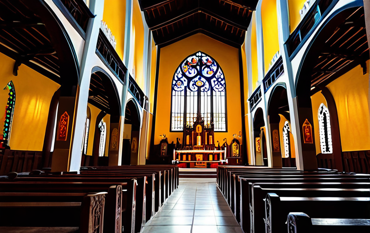 **Prompt:** A serene ancient Hội An church interior. Intricate wooden carvings, sunlight filtering through stained glass. Depicts a feeling of peace and spirituality. Warm color palette. High detail, volumetric lighting, realistic rendering. Safe for work, appropriate content, family-friendly.