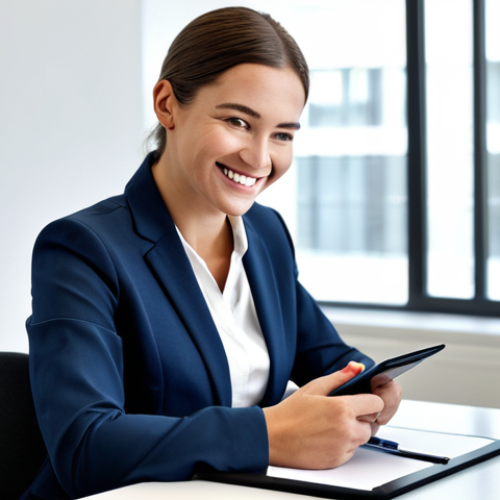 Home 14 **
"A fully clothed woman in a modest, professional business suit, sitting at a clean desk in a bright, modern office setting. She is smiling gently, holding a pen and looking at a tablet. Safe for work, appropriate attire, perfect anatomy, well-formed hands, natural pose, professional."
**