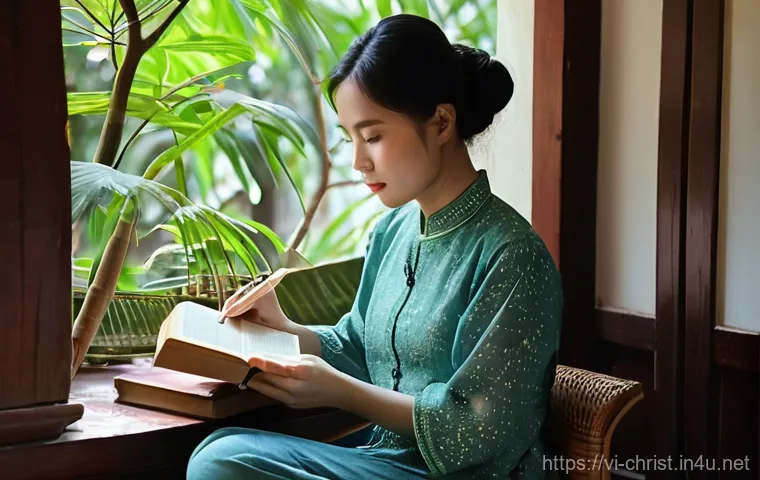 기독교와 독서 토론 - **Prompt for Spiritual Exploration Through Books:**
"A serene and thoughtful young Vietnamese wo...