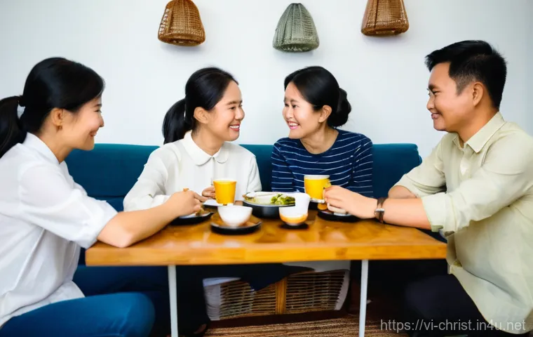 기독교의 속회 운동 - **Prompt:** A cozy and warm indoor scene depicting a small group of 5-7 Vietnamese adults, ranging i...