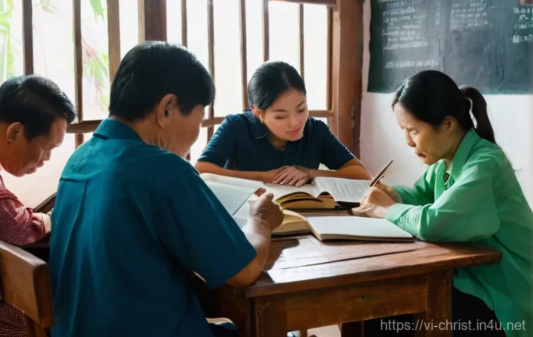 기독교의 속회 운동 - **Prompt:** A cozy and warm indoor scene depicting a small group of 5-7 Vietnamese adults, ranging i...