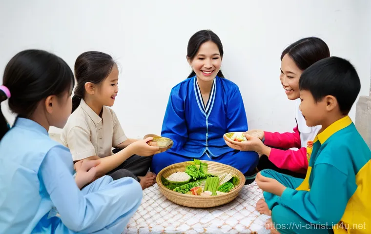 기독교의 속회 운동 - **Prompt:** A vibrant and engaging scene showing a diverse small group of 6-8 Vietnamese individuals...