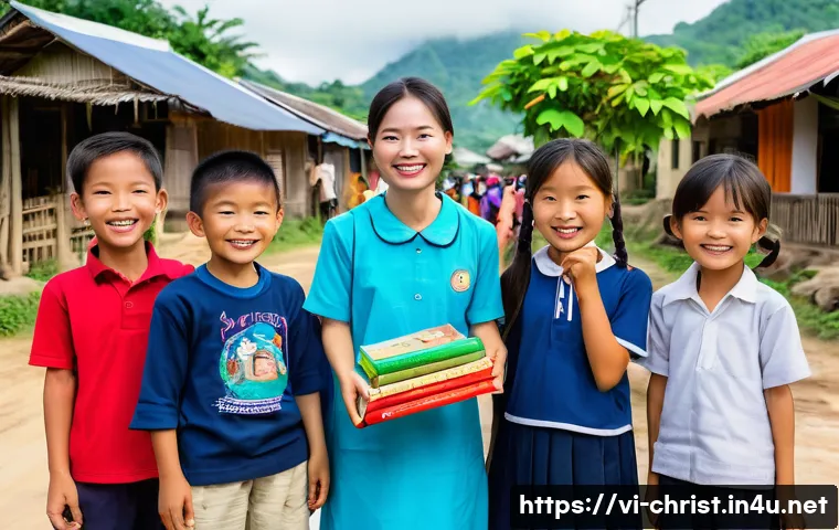 기독교와 구호 선교 - A vibrant community scene in a rural Vietnamese village where diverse volunteers distribute essentia...