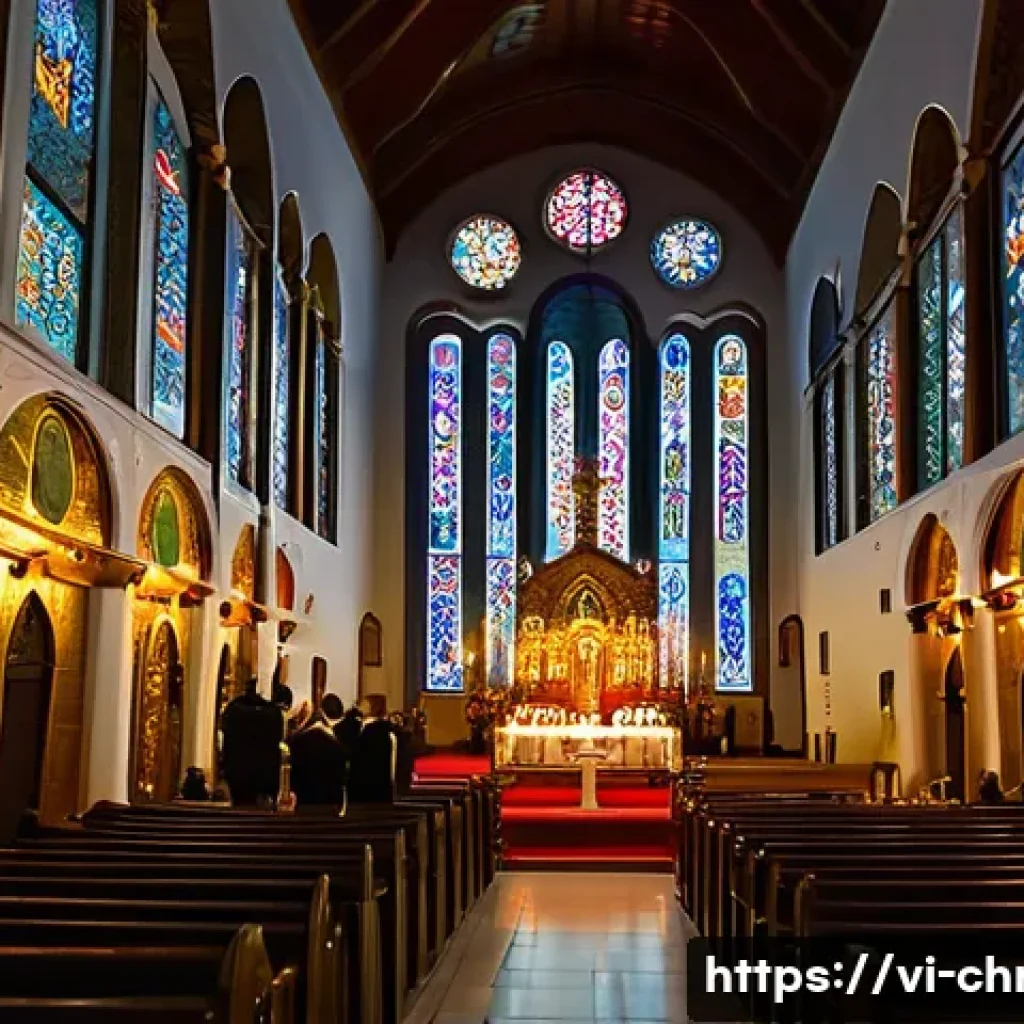 정교회 역사와 특징 - A grand interior view of an Eastern Orthodox church during a solemn liturgy, featuring richly decora...