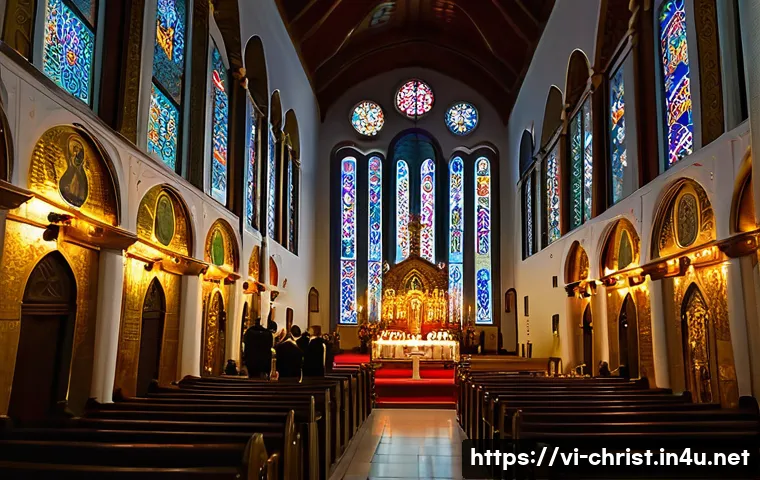 정교회 역사와 특징 - A grand interior view of an Eastern Orthodox church during a solemn liturgy, featuring richly decora...