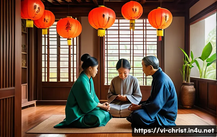 기독교와 삶의 의미 - A serene scene of a diverse Vietnamese family gathered in a peaceful living room, warmly dressed in ...