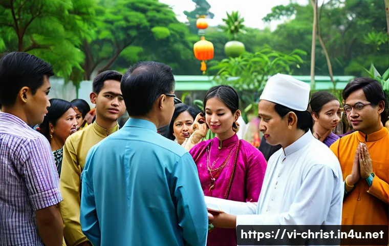 기독교와 종교 다원주의 - A vibrant and respectful interfaith gathering in a modern Vietnamese urban park setting, showing div...