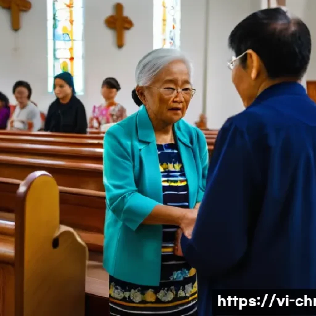 기독교와 십일조 - A warm, inviting scene inside a Vietnamese Catholic church during a Sunday service, showing diverse ...