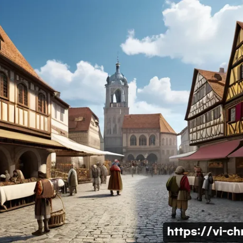 유럽 종교개혁의 인물들 - A detailed Renaissance-era European town square bustling with diverse social classes including peasa...