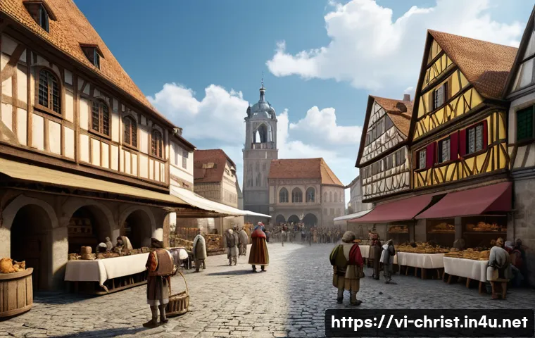유럽 종교개혁의 인물들 - A detailed Renaissance-era European town square bustling with diverse social classes including peasa...