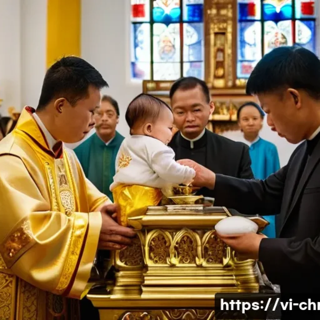 기독교와 교리서 - A serene and detailed scene inside a historic Catholic church in Vietnam during a baptism ceremony: ...