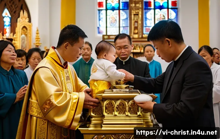 기독교와 교리서 - A serene and detailed scene inside a historic Catholic church in Vietnam during a baptism ceremony: ...