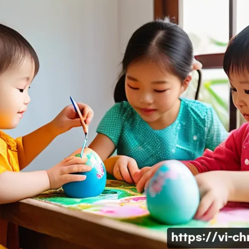 기독교의 부활절 - A vibrant Easter egg decorating scene in a Vietnamese family home, featuring children wearing colorf...