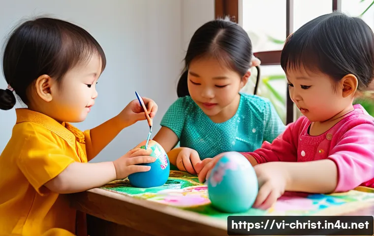 기독교의 부활절 - A vibrant Easter egg decorating scene in a Vietnamese family home, featuring children wearing colorf...