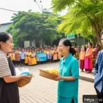 Home 21 기독교와 다문화 사회 - A vibrant community gathering outside a Vietnamese Christian church, diverse ethnic groups including...