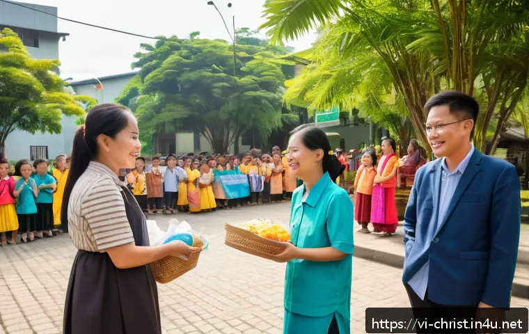 기독교와 다문화 사회 - A vibrant community gathering outside a Vietnamese Christian church, diverse ethnic groups including...