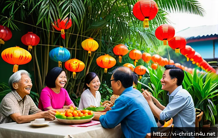 기독교의 주요 교리 - A warm, vibrant community scene in a modern Vietnamese neighborhood, showing diverse people of all a...