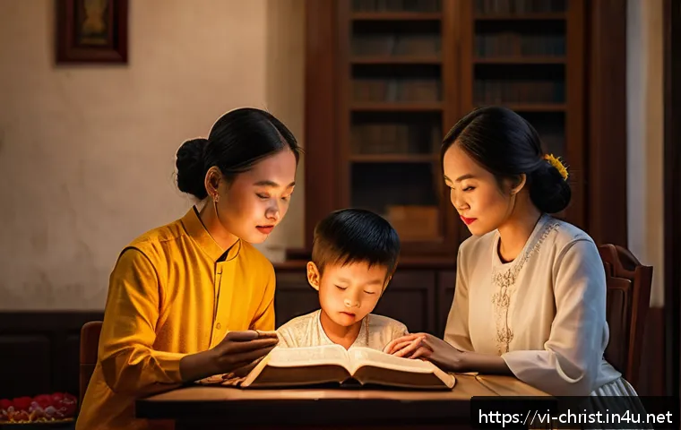 기독교 박해 국가 - A detailed scene depicting a small Christian family in Vietnam practicing their religious traditions...