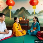 Home 18 기독교와 소셜미디어 활용 - A warm, inviting scene of a diverse Vietnamese community group sitting in a cozy, softly lit room, s...