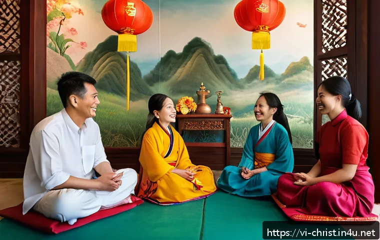 기독교와 소셜미디어 활용 - A warm, inviting scene of a diverse Vietnamese community group sitting in a cozy, softly lit room, s...