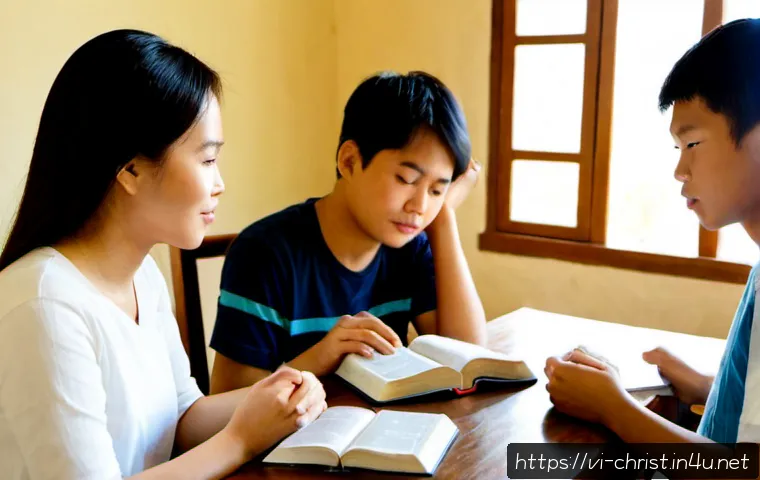 Home 17 기독교와 성경퀴즈 - Photorealistic Vietnamese family gathered around a wooden table for a Christian Bible quiz, open Bib...