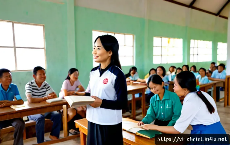 Home 17 기독교와 평신도 사역 - Photorealistic Vietnamese Christian lay ministry gathering in a modest community church hall, a Viet...